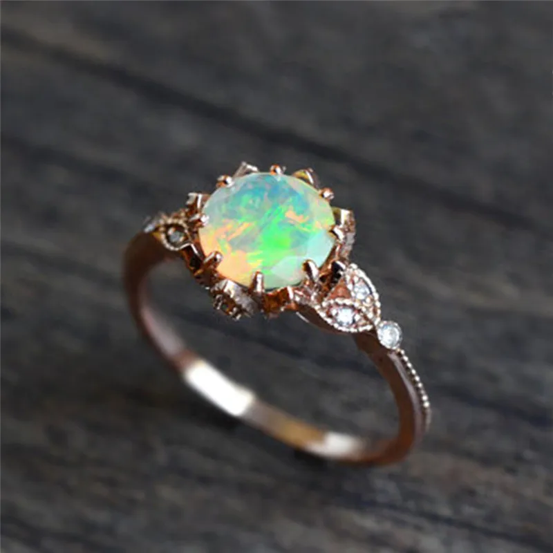 Rose Gold Color Floral Leaf Ring Women Fire Opal Engagement Finger Rings Vintage Wedding Gift Charm Jewelry C35