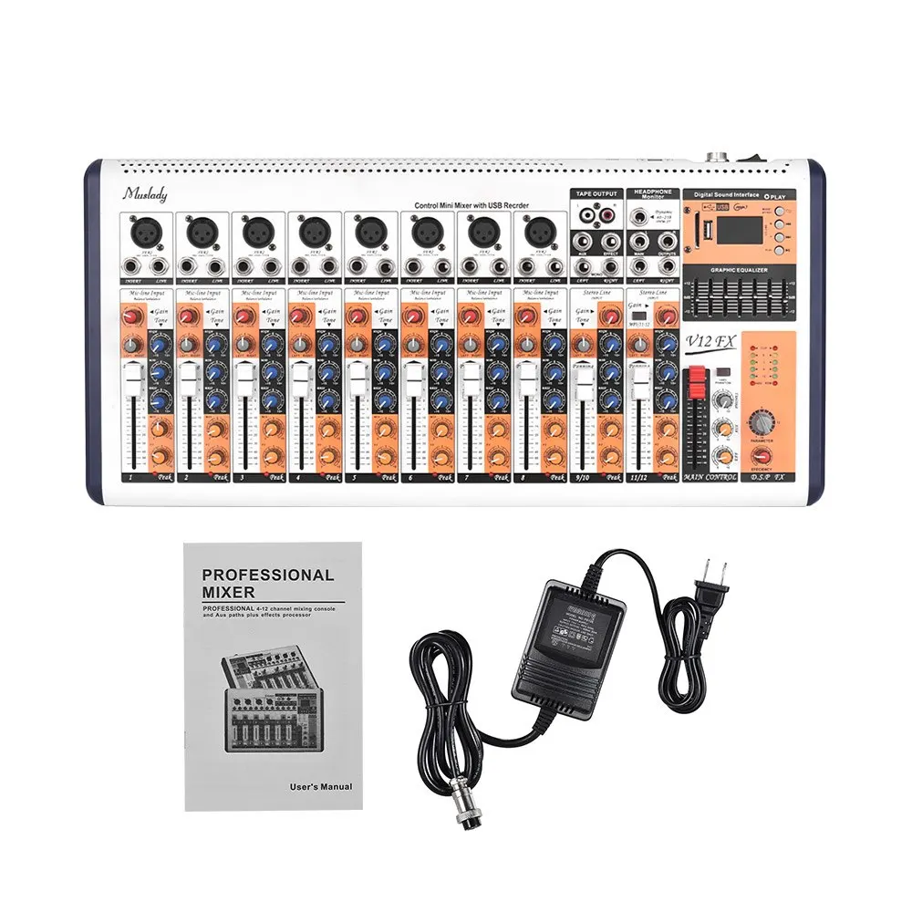 

Muslady V12-FX 12-Channel Portable Mixing Console Mixer Built-in 16 DSP Effects +48V Phantom Power Supports BT Connection