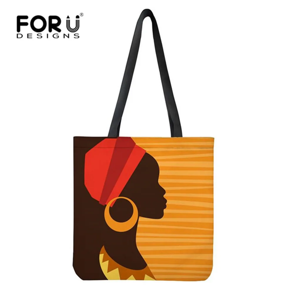 

FORUDESIGNS Eco-friendly Canvas Shopping Bag Casual Reusable Folded Shoulder Bag Black Art African Girls Linen Laige Tote Bags