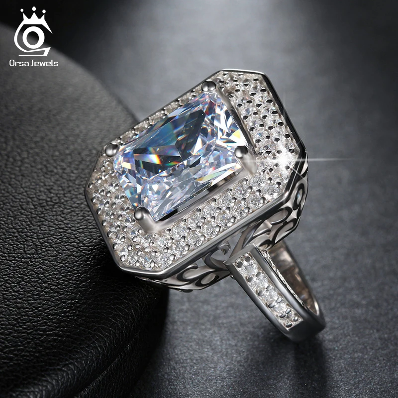 ORSA JEWELS Women's Ring 6 Carat AAA Cubic Zirconia Cushion Cut Wedding Ring Silver Color Engagement Rings For Women AOR103