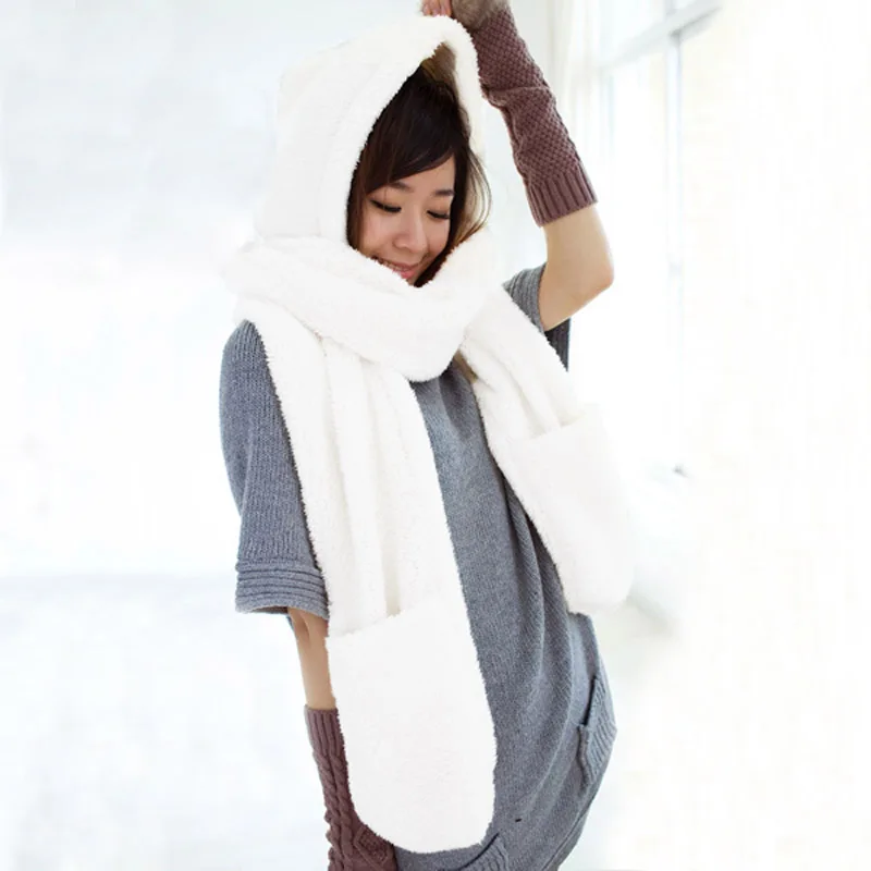 Зимние теплые женские худи перчатки карман ушанка шапка длинный шарф шаль снуд обертывания QL распродажа - Цвет: Белый