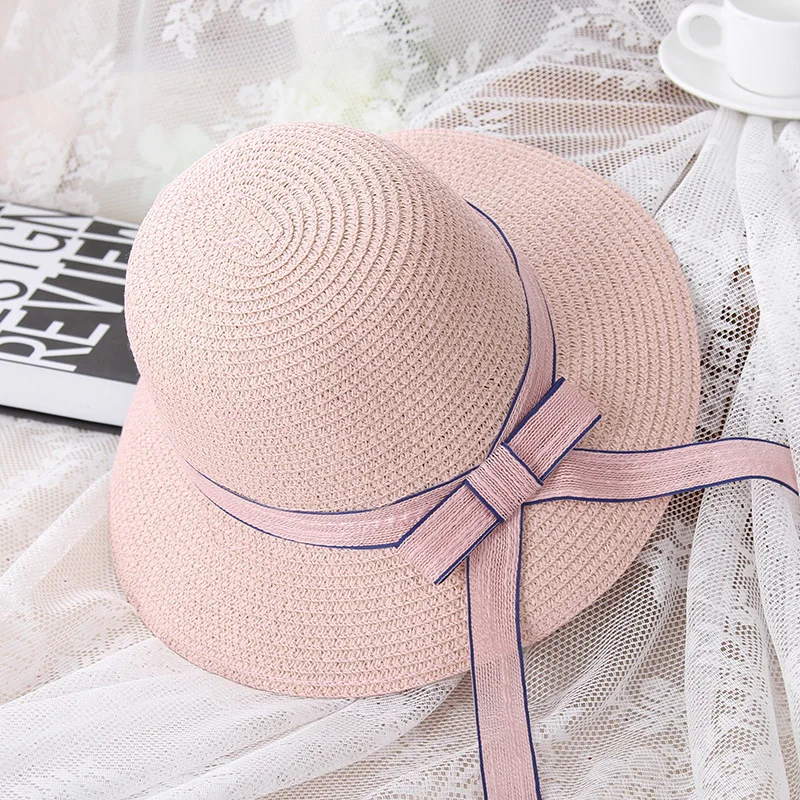 Straw Bucket Hats Summer Hat Women Children Bow Ribbon Big Wide Hat
