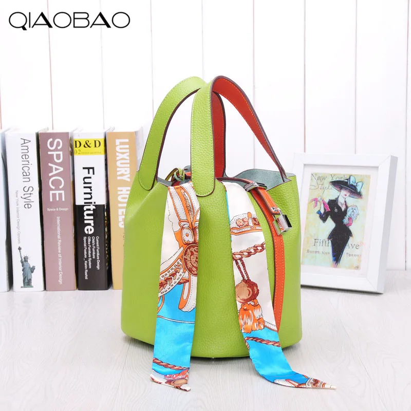 

QIAOBAO Famous Brand bag 100% Genuine Leather Bags Bucket bag Europe and the United States fashion cowhide leather Totes
