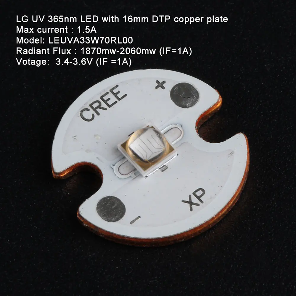 

LG UV 365nm LED LEUVA33W70RL00 soldered on 16mm DTP plate