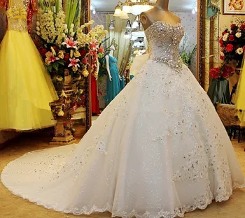 شراءفاخر Vestido De Noiva مسلم فساتين الزفاف الكرة ثوب بلورات القوس تركيا دبي العربية ثوب زفاف فساتين زفاف