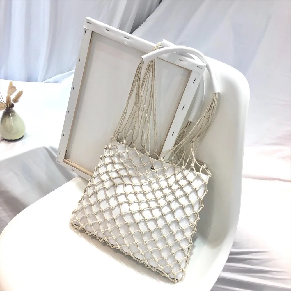 Beste Designer Casual Hollow Netto Flap Bag Pu Leer Hollow Vrouwen Schoudertas Hennep Touw Geweven Handtas Bohemian Strandtas Dame handtas
