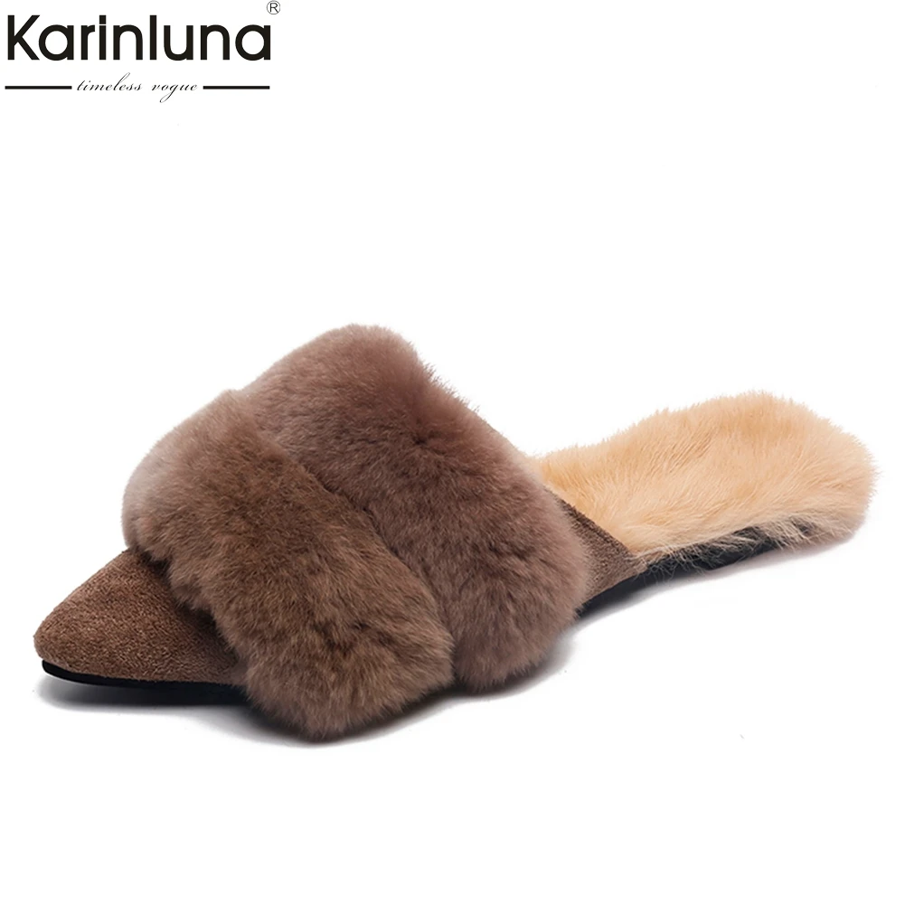 

Karinluna brand new Fashion real Fur Spring Autumn women's mules flats Shoes Woman Shoes rabbit fur popular design Women shoe