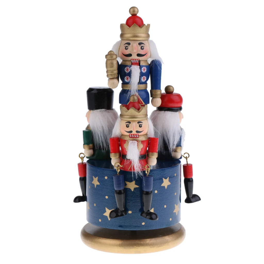  Handmade Wooden Nutcracker Music Box w/ 4 Soldiers on Base for Home Ornament Table Decorations Christmas Decor Display Gift Toy