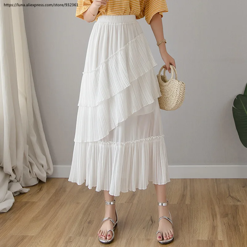 

Fashion elegant Chiffon Pleated Skirt Women Summer High Waist Beach Cake Skirts Casual Black White Long Skirt