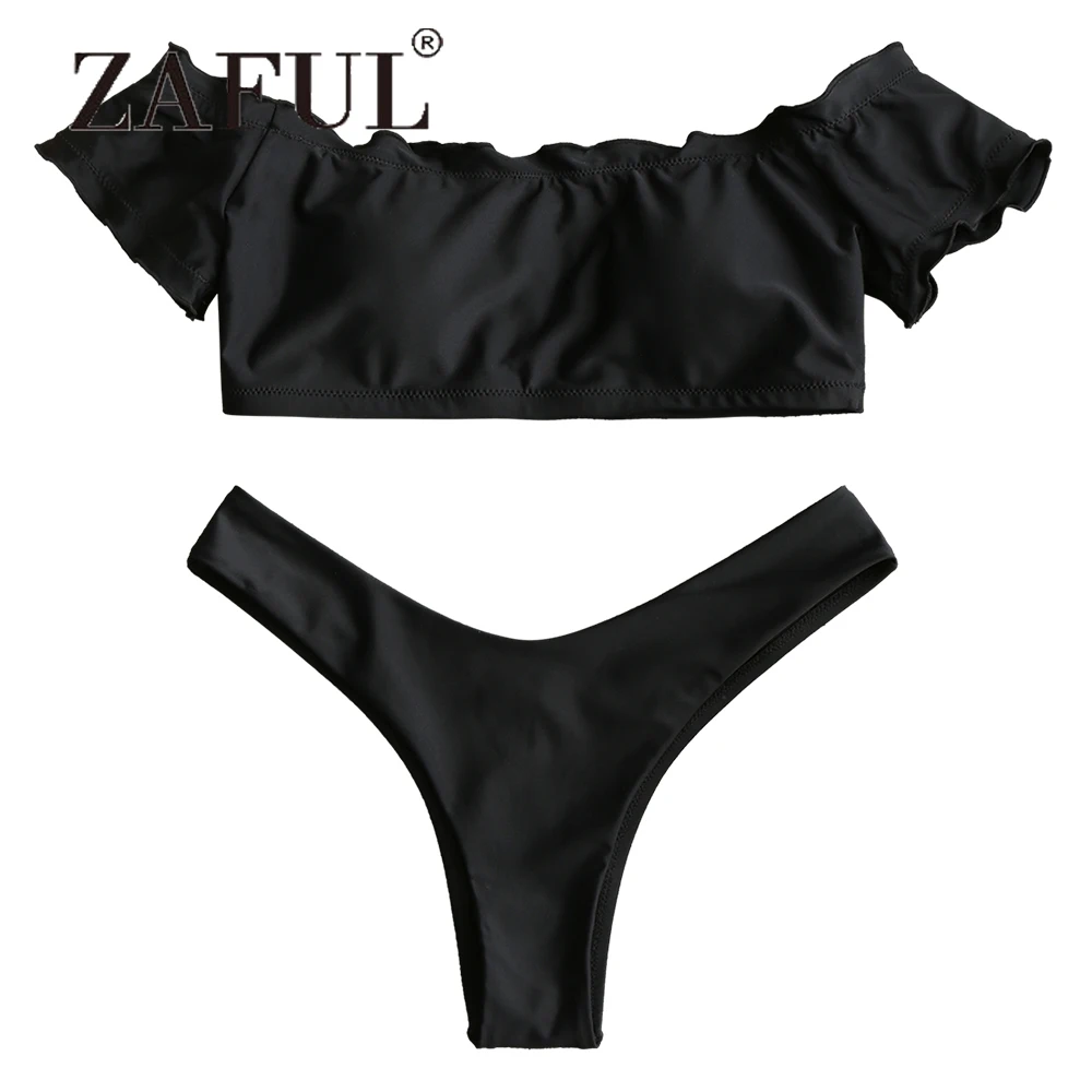 

ZAFUL Ruffle Bikini Off Shoulder Thong Bottom Padded Bikini Set Women Swimsuit Lettuce Trim High Cut Swimwear Low Waist Buqini