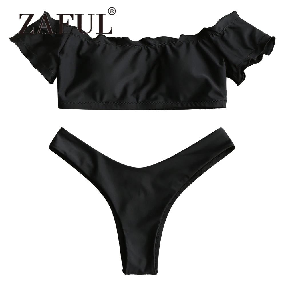  ZAFUL Ruffle Bikini Off Shoulder Thong Bottom Padded Bikini Set Women Swimsuit Lettuce Trim High Cu
