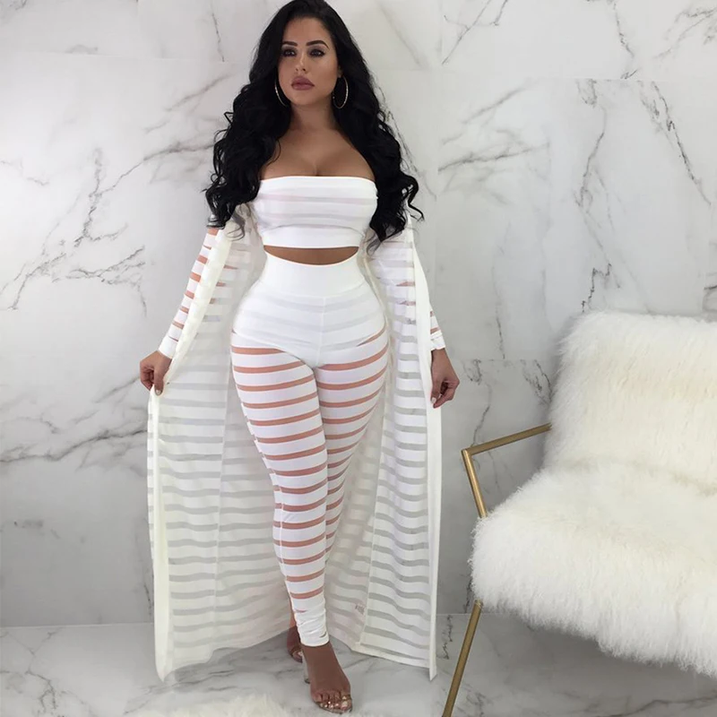 

Sexy 3 Pieces Women Set Hollow Out Sheer Mesh Stripe Strapless Tops Long Sleeve Cardigan High Waist Pants Plus Size Club Outfits