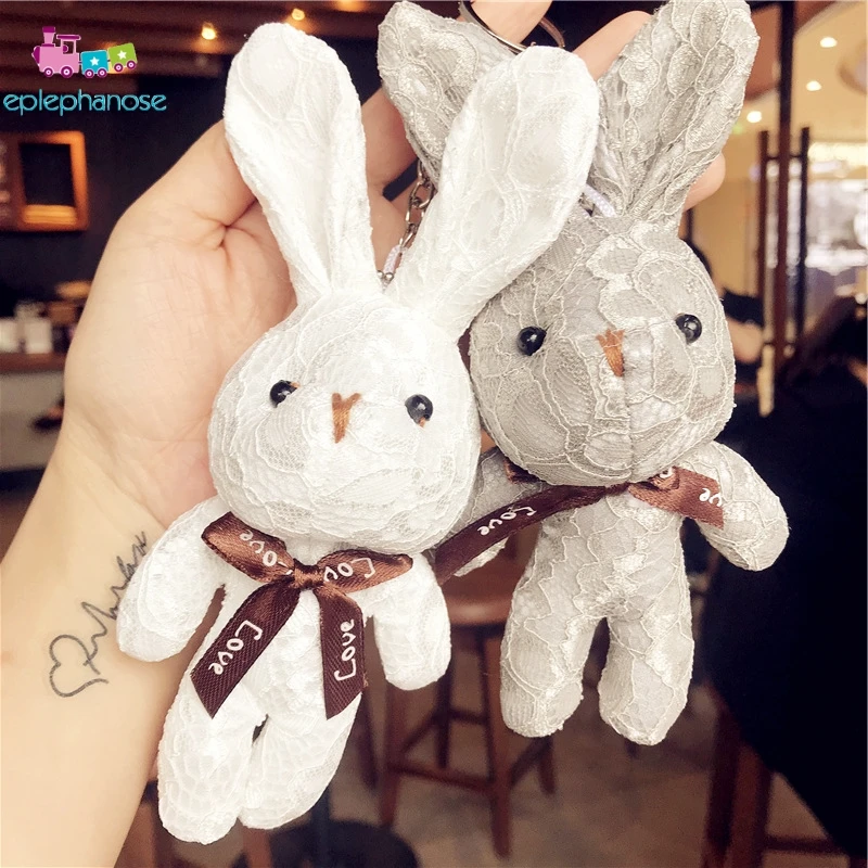 

Rabbit kawaii Plush keychain Lace Bowknot Stuffed Animals Soft Cute Bunny Long Ear Car Bag Small Pendant Mini Dolls Toys Gifts