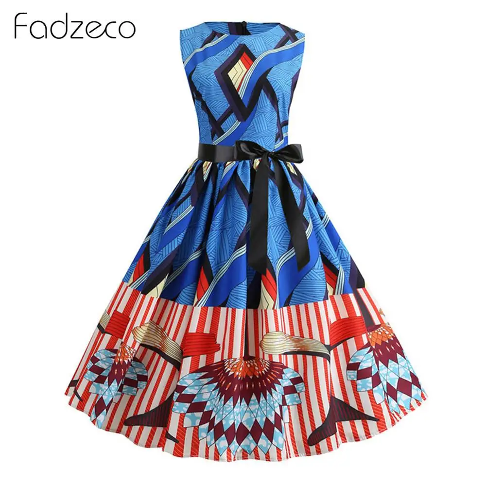 

Fadzeco Women African Dresses Summer Dashiki Sleeveless Round Neck Tribal Print Swing Dress Vintage Ethnic Midi Dress Vestidos