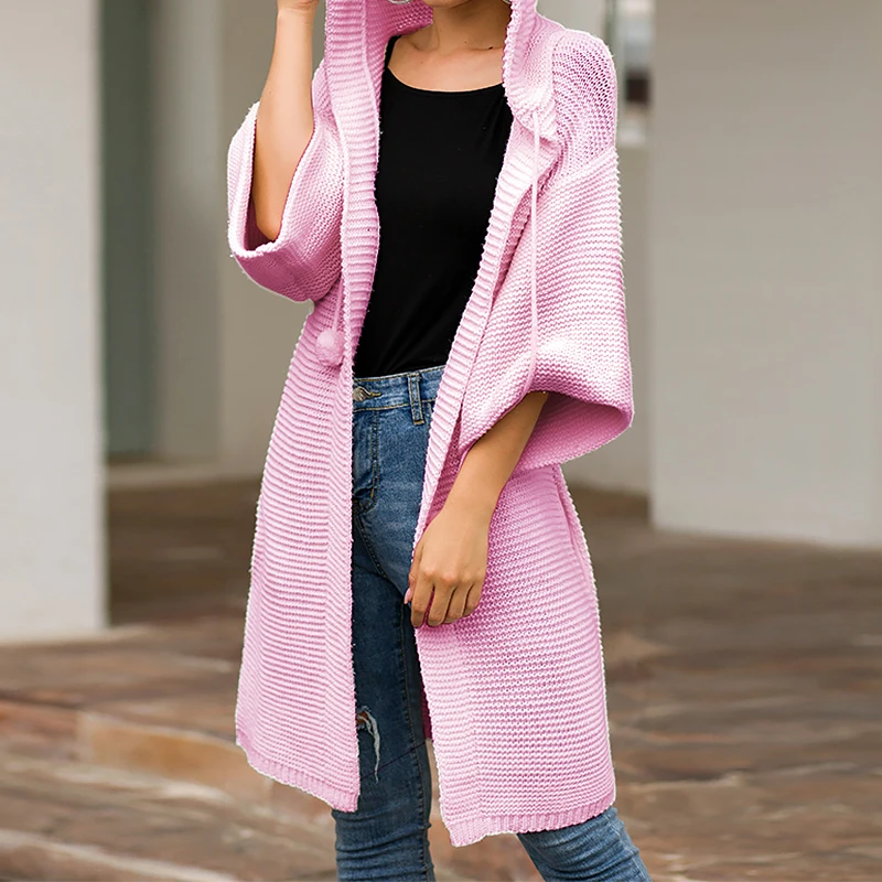 

2019 Fashion Hooded Cardigan Women Autumn Winter Long Loose Knitted Sweaters Casual Solid Long Sleeve Hooded Coat Outerwear