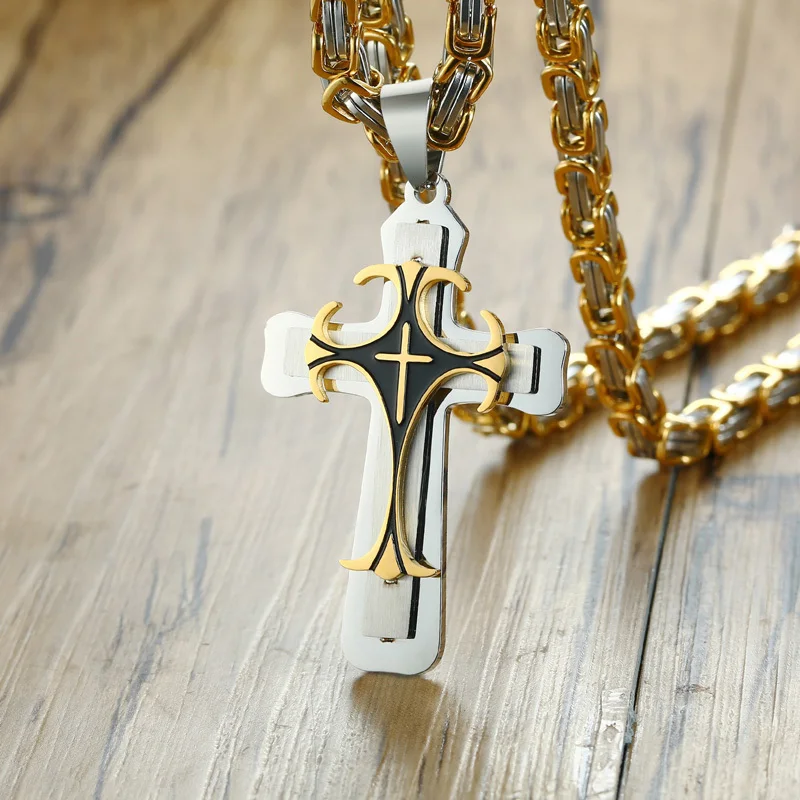CaCoo Heavy Crucifix Cross Pendant Necklace Men Gold Stainless Steel Male Punk Necklaces Byzantine Chain Jewelry Gifts-K-Silver Color-55cm