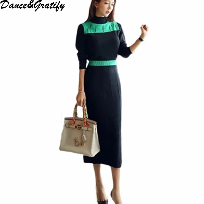 

Casual Patchwork Knitting Sweater Vestidos Women 2018 Autumn Winter Elegant Korean Office Work Midi Pencil Dresses