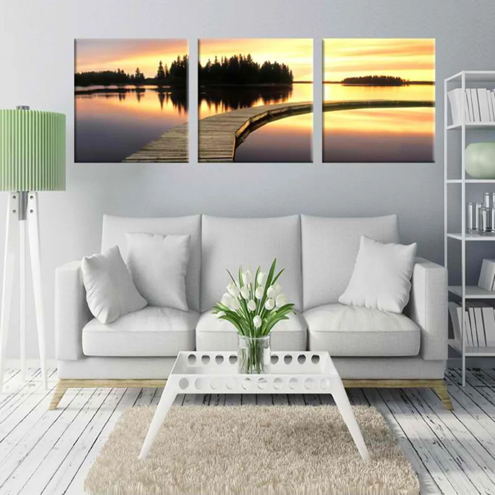 Printed 3 piece canvas art lake sunset Painting canvas painting wall