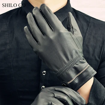 

SHILO GO Leather Gloves Mens Spring Fashion sheepskin genuine leather Gloves single button Business Woven black gloves