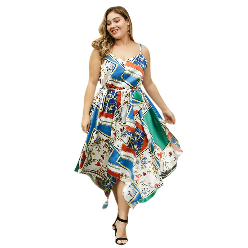 

WHZHM Summer Plus Size 3XL 4XL Sleeveless Asymmetrical Dress Women Party Casual Printed Boho Backless Beach Strap Dress Ladies