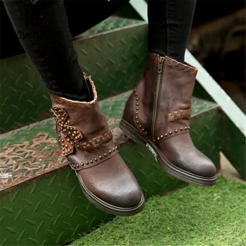 

Prova Perfetto Retro Coffee Women Ankle Boots Rivets Studded Genuine Leather Flat High Boots Autumn Winter Female Platform Botas