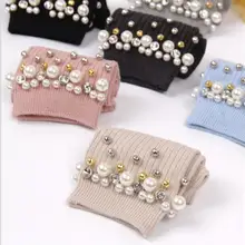 Новинка, осень/зима, новые женские носки Высокое качество, дизайн, ручная работа, два ряда, жемчуг, бисер, шерсть, хлопок, длинные носки для женщин