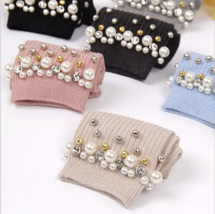 

New Fall/winter new women's socks high quality original design handmade Double rows pearl beaded wool cotton long sock for women