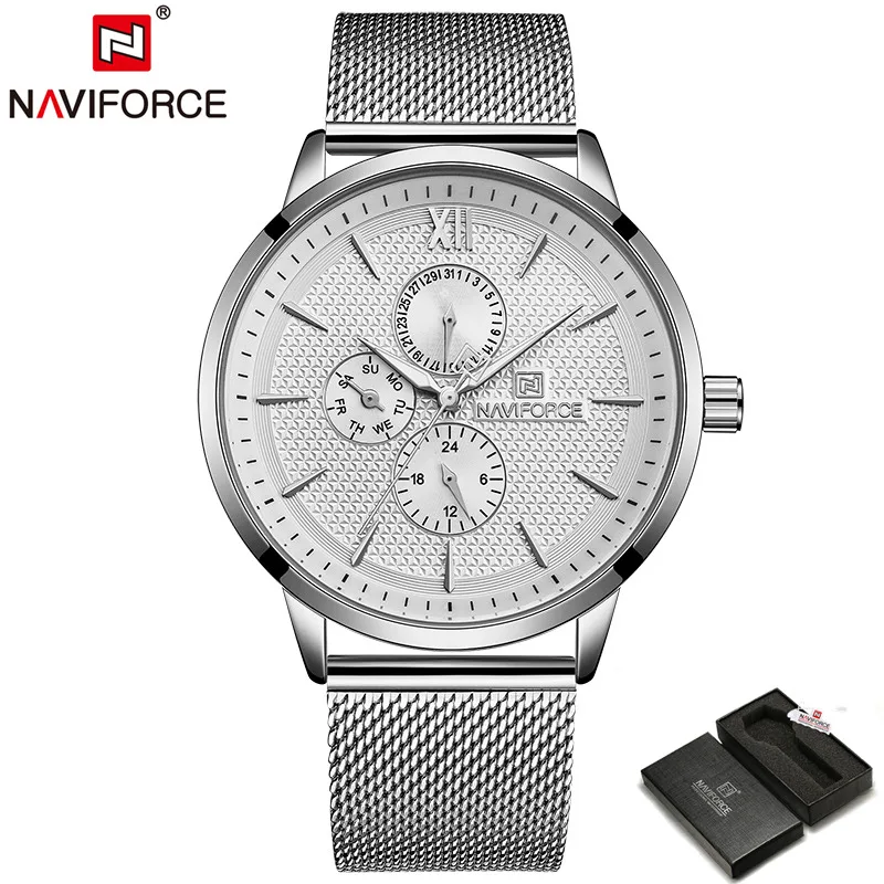 NAVIFORCE Брендовые мужские модные спортивные кварцевые наручные часы, мужские повседневные водонепроницаемые деловые часы с ремешком и стальным сетчатым ремешком, Relogio Masculino - Цвет: Silver White -Box