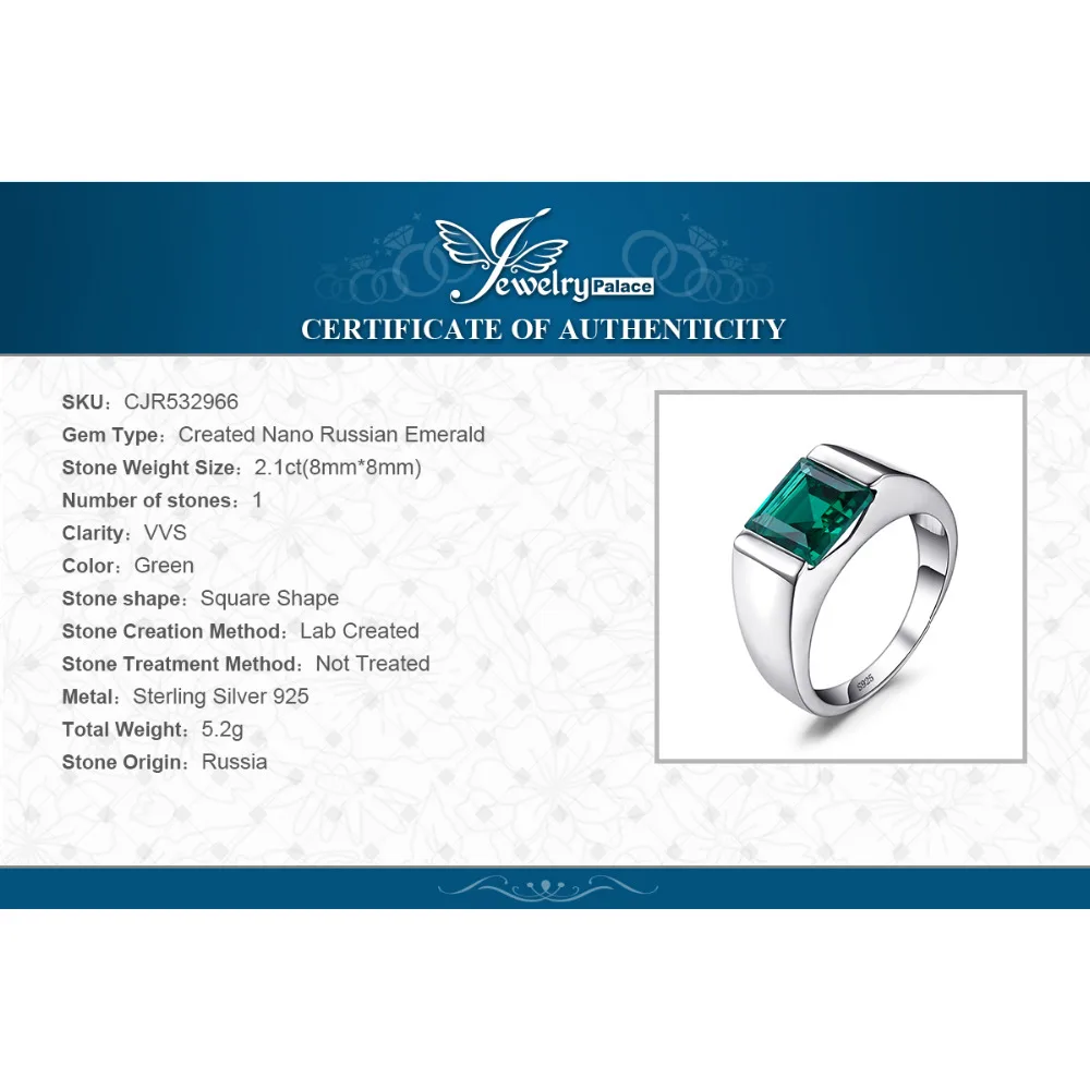 JewelryPalace Nano Russian Green Created Emerald Ring For Men Solid 925 Sterling Sliver Jewelry Engagement Wedding Ring For Men