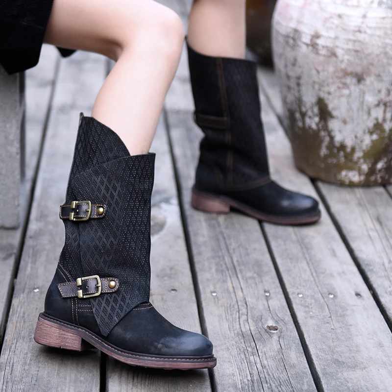

Artmu Fashion Women Boots Cowhide Street Style Buckle Handmade Leather Boots Mid-calf Boots Lady Thick Heel Boots booties