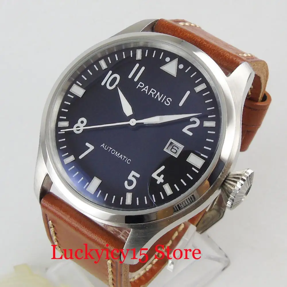 

PARNIS Brand Classic 47mm Black Dial Mechanical Men's Watch Auto Date ST Automatic Movement Brown Leather Strap