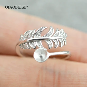 

QIAOBEIGE 2018 Pearl jewelry accessory mounting Fashion leaves design feather pearl ring 925 sterling silver ring For Women gift