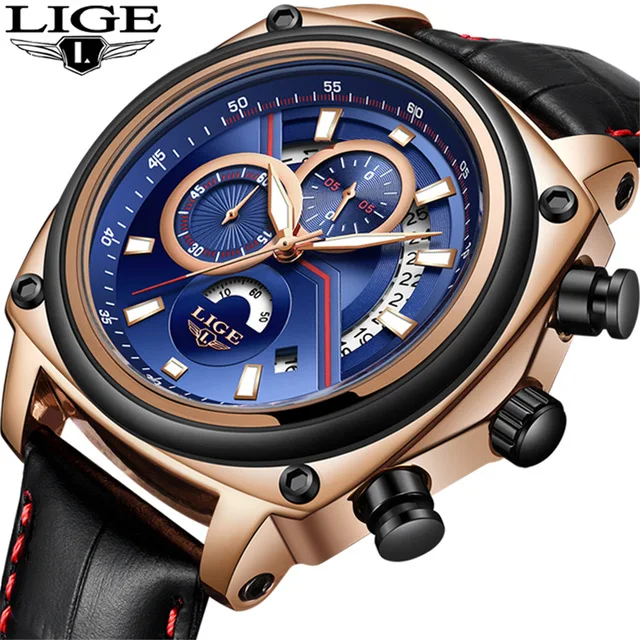 

LIGE Mens Watches Top Brand Luxury Business Clock Men's leather watch strap Chronograph Men Quartz Wrist Watch Relogio Masculino