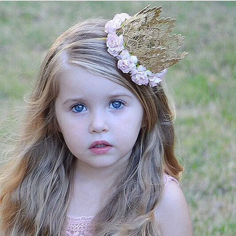 New Rose Flowers Gold Lace Crown Headband for Girl Hair Accessories