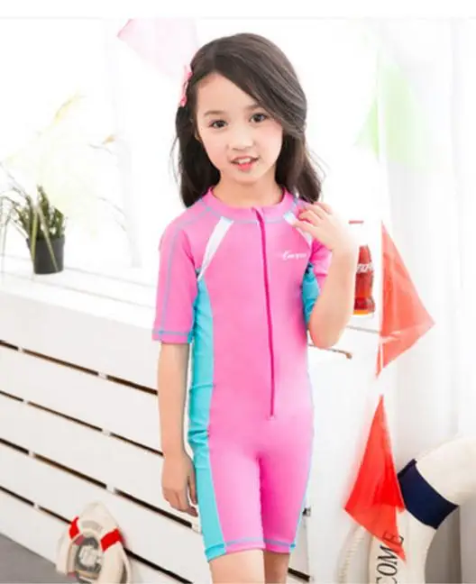 Розовый/Синий Цельный купальник с короткими рукавами для девочек/мальчиков, детские костюмы для плавания Рашгард для серфинга, купальные костюмы для малышей DBO - Цвет: pink