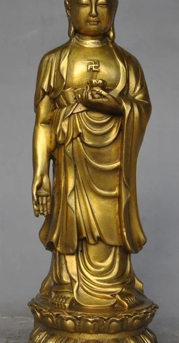 

10"china buddhism brass fane pray sakyamuni Shakyamuni stand lotus buddha statue