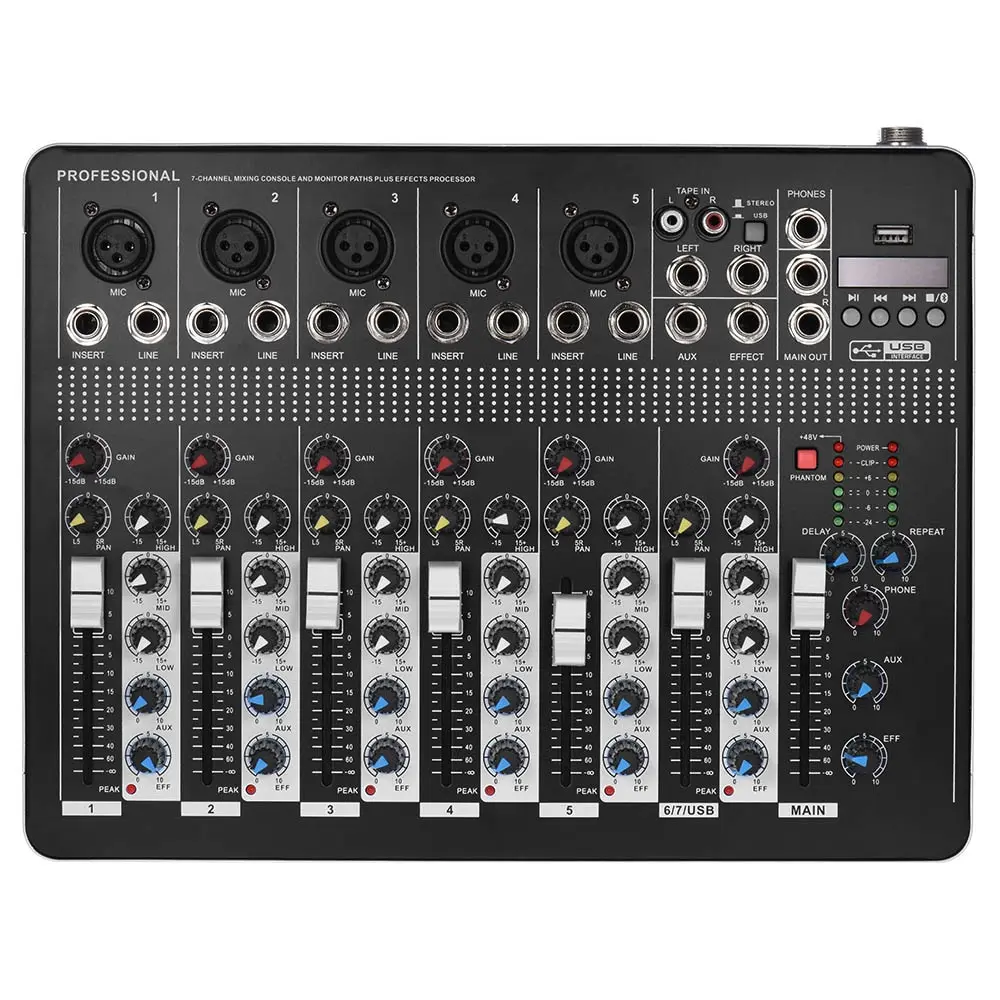 

Professional 7-Channel Mic Line Audio Mixer Mixing Console with 3-band EQ 48V Phantom Power USB Interface