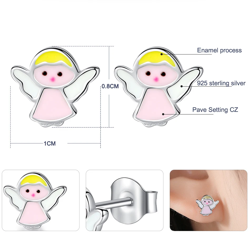 ELESHE Cute Children Jewelry 925 Sterling Silver Earrings Pink Enamel Angel Small Stud Earrings For Child Girls Baby Bijoux Gift