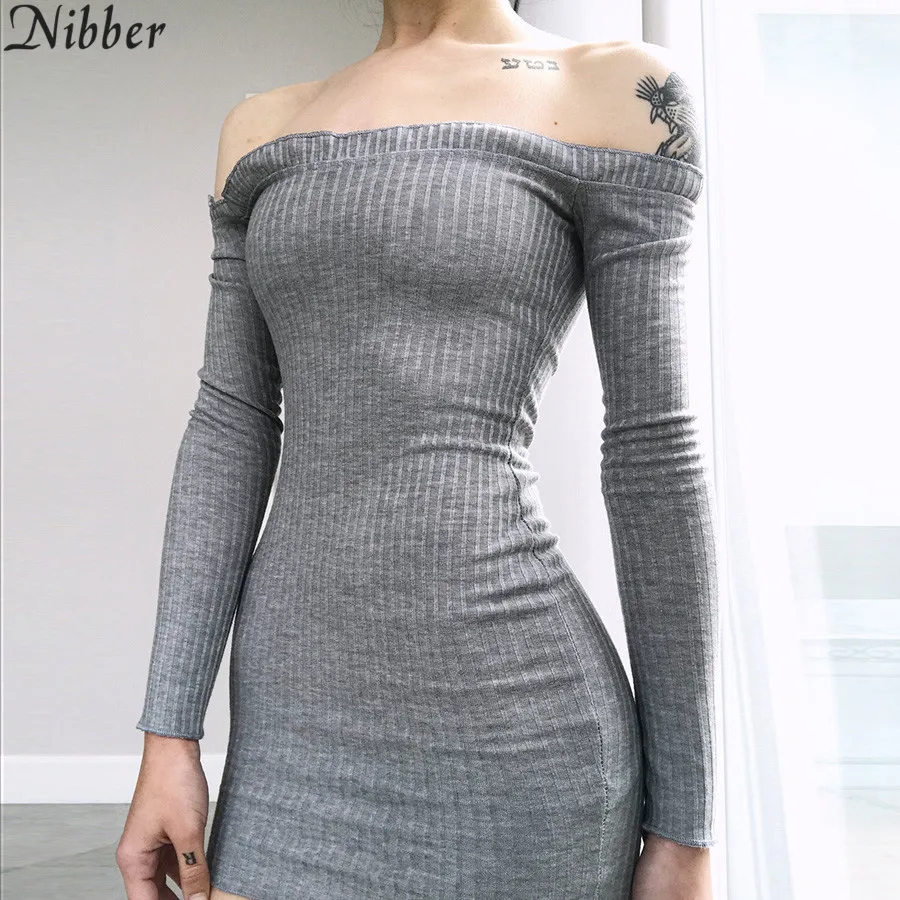 

Nibber women waist sexy Slash neck Solid knit dress Slim basic dress 2018 autumn and winter women's fashion party elegant dress