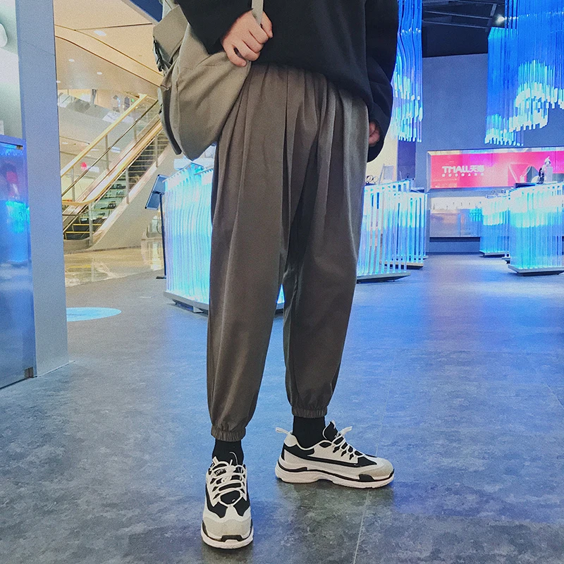 Fashion Casual Men's Cropped Trousers Autumn New M-2XL Solid Color Loose Beam Pants Black Gray Personality Youth Popular