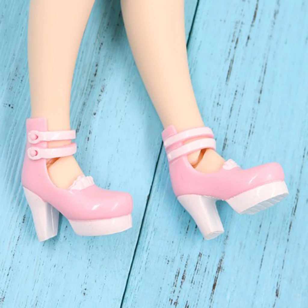 Lovely 12inch Doll High Heel Shoes Thick Heels Ankle Strape Belt Shoes for Blythe Fashion Girl Doll Party Accessory Pink