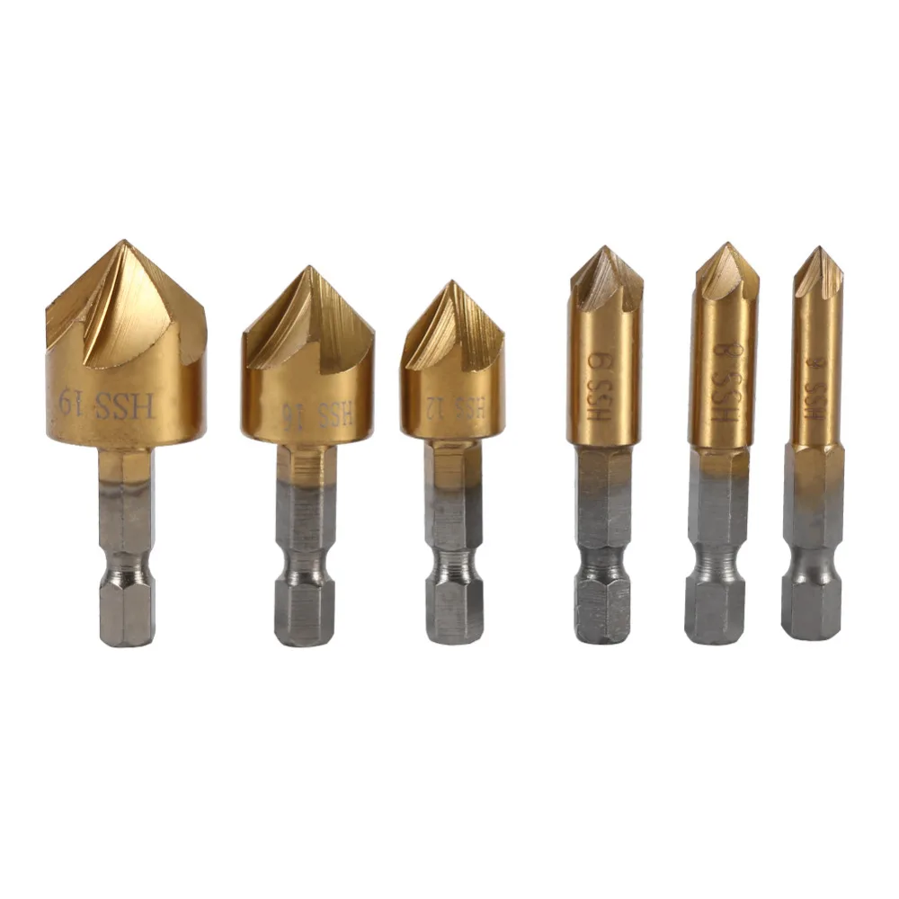 

6Pcs HSS Chamfer Countersink Drill Bit 1/4" Hex Shank 90 Degree Wood Chamfering Cutter Reamer 6mm-19mm 6 Types Woodworking Tools