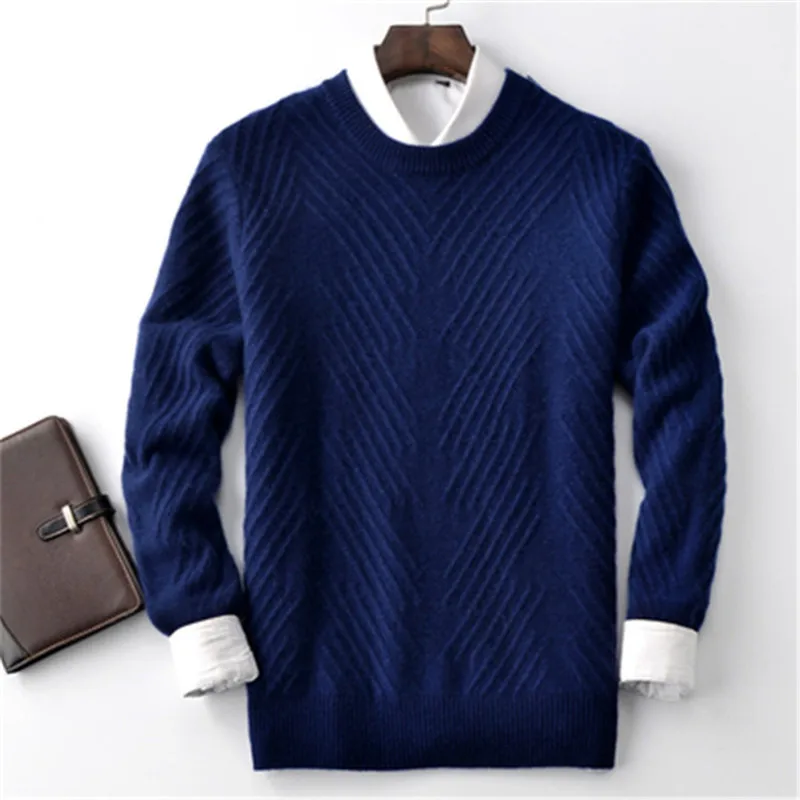 100%cashmere thick twill twisted knit men fashion Oneck loose H-straight pullover sweater 4color S-