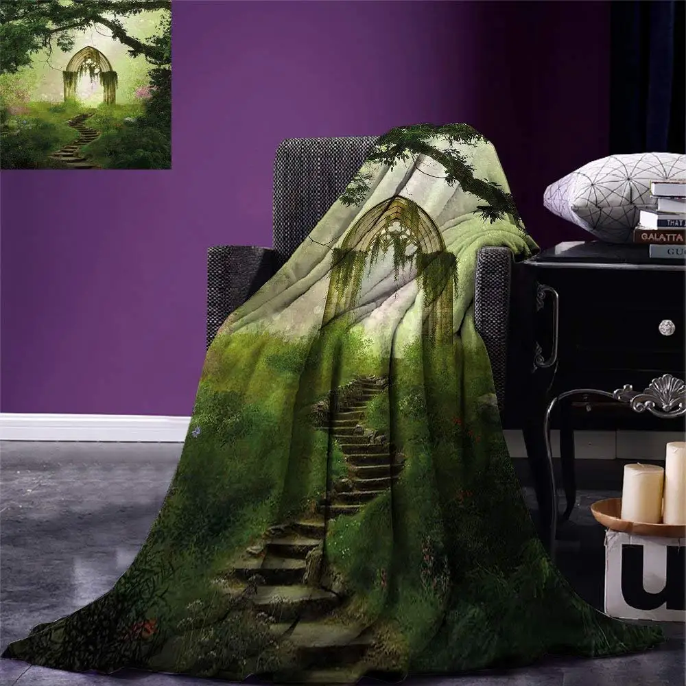Antique Throw Blanket Old Aged Fantasy Gate in Forest Ancient Medieval Gothic Greenery Digital Art Warm Microfiber | Дом и сад