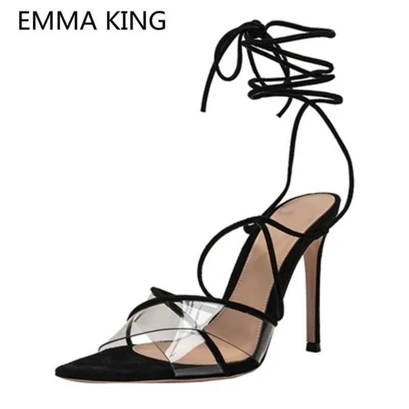 

Summer Sexy Stilettos Women Gladiator Sandals PVC Transparent Cross-Tied High Heel Ladies Runway Shoes Woman Black Roman Sandals