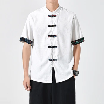 

Men's Summer Short Sleeve Shirt Casual Slim Tops Chinese Style Stand Collar Plus Size M-5XL Patchwork Comfortable Male Shirt