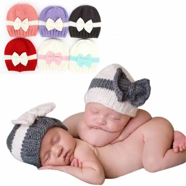 Newborn wool hat female male baby knitted bow wool wool crochet soft hatin Hats & Caps from