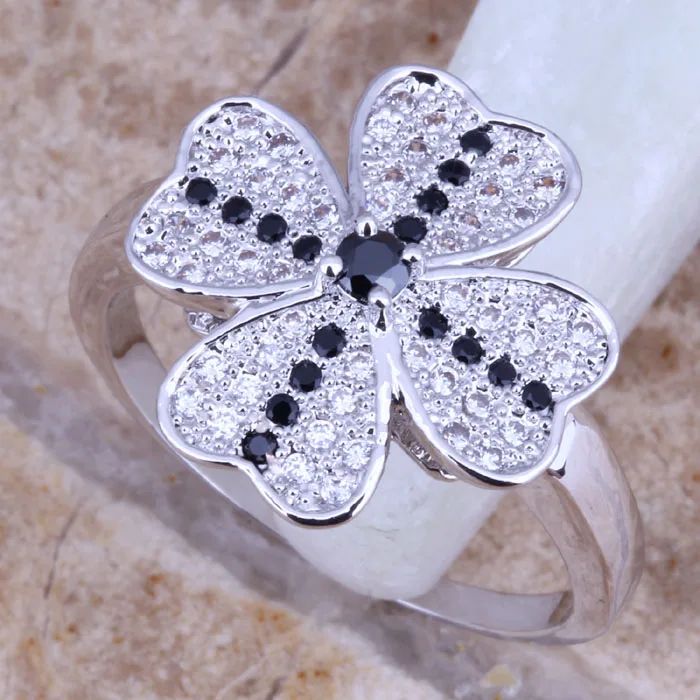 

Black Cubic Zirconia White CZ Silver Women's Four-leaf Clover Ring Size 6 / 7 / 8 / 9 E522