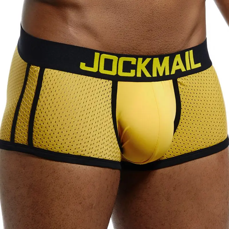 JOCKMAIL Брендовое нижнее белье, боксеры для мужчин, дышащие сетчатые мужские боксеры, мужские трусы, сексуальные трусы с мешочком для пениса, мужские трусы