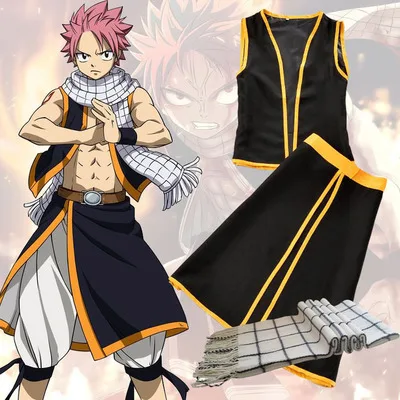 

Full Set Fairy Tail Etherious Natsu Dragneel Cosplay Harajuku Anime END Costume 3 in 1 vest+skirt+scarf